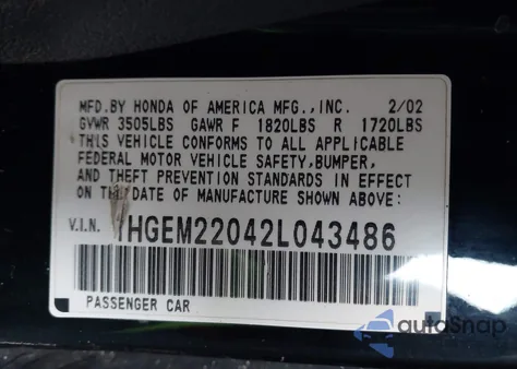 2002 Honda Civic Ex z USA, uszkodzony, nr VIN 1HGEM22042L043486